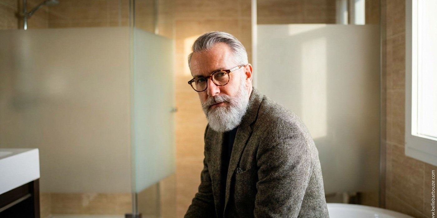Homme avec une barbe grise assum\xc3\xa9e, tendance silver fox